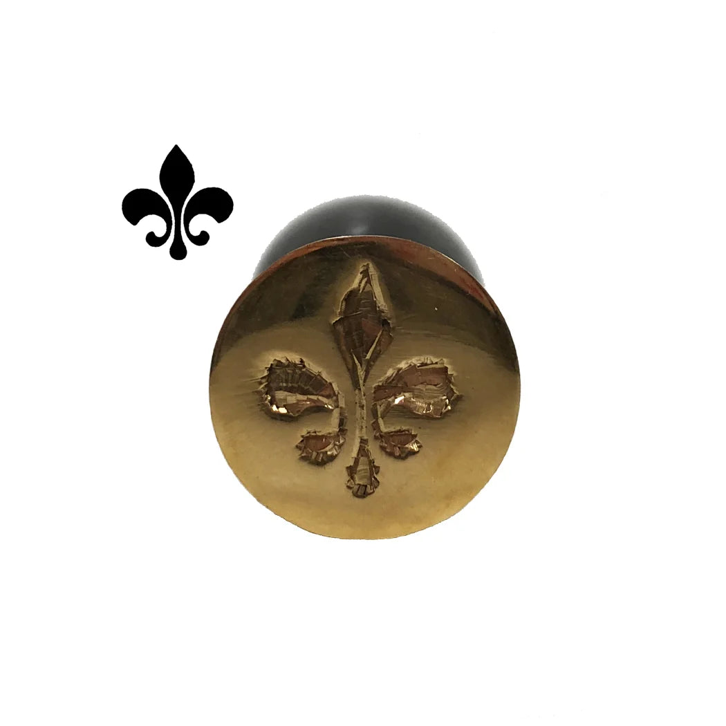 Antique‑style wax seal stamp with a Fleur-de-lis design, shown on a white background. It features a dark cherry‑stained wooden handle and a 1⅛‑inch round solid brass seal with a distressed finish. The stamp is about 5½ inches tall, interchangeable, designed for traditional hard sealing wax, and sold separately.
