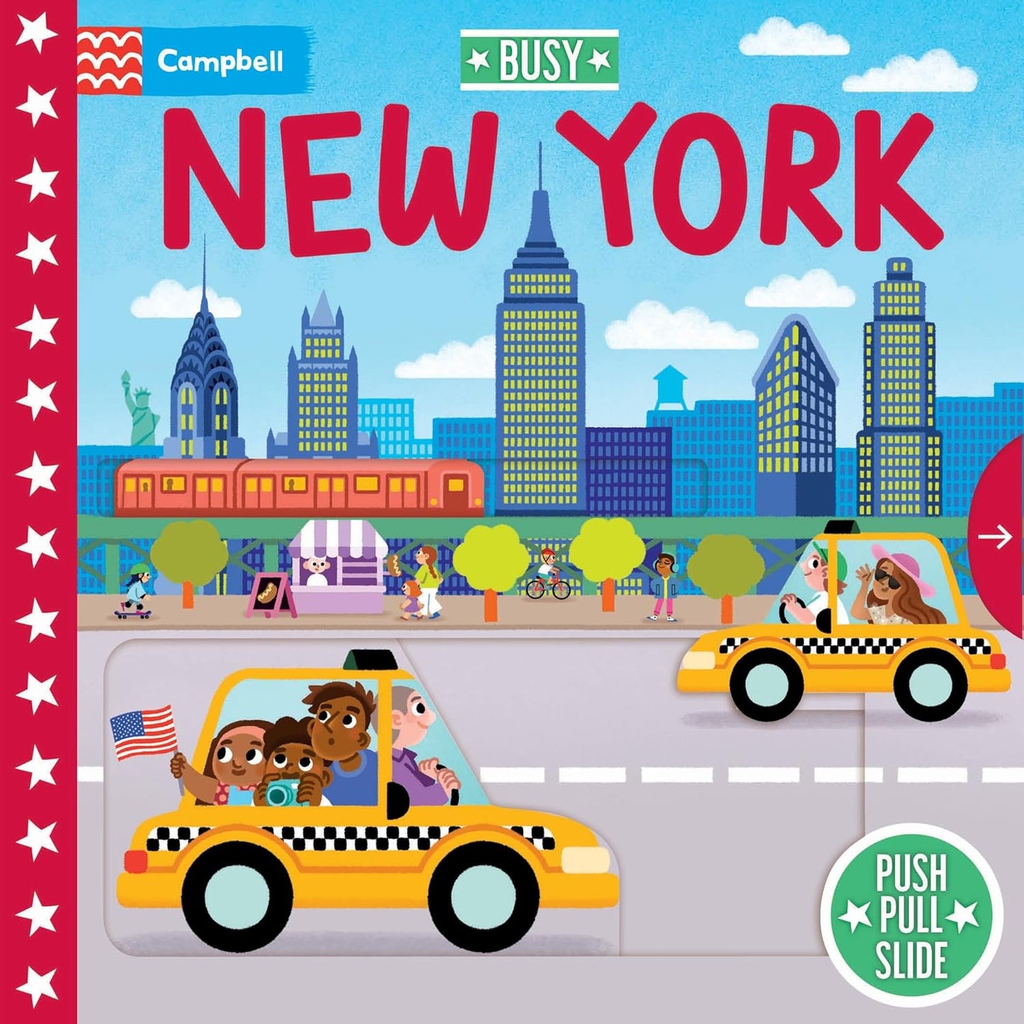 Board book title: Busy New York. A bright, child‑friendly cover with a classic yellow NYC taxi at the bottom and tall, colorful skyscrapers above. Small figures and street details add a sense of busy city motion. The title “Busy New York” appears at the top in bold, friendly lettering.