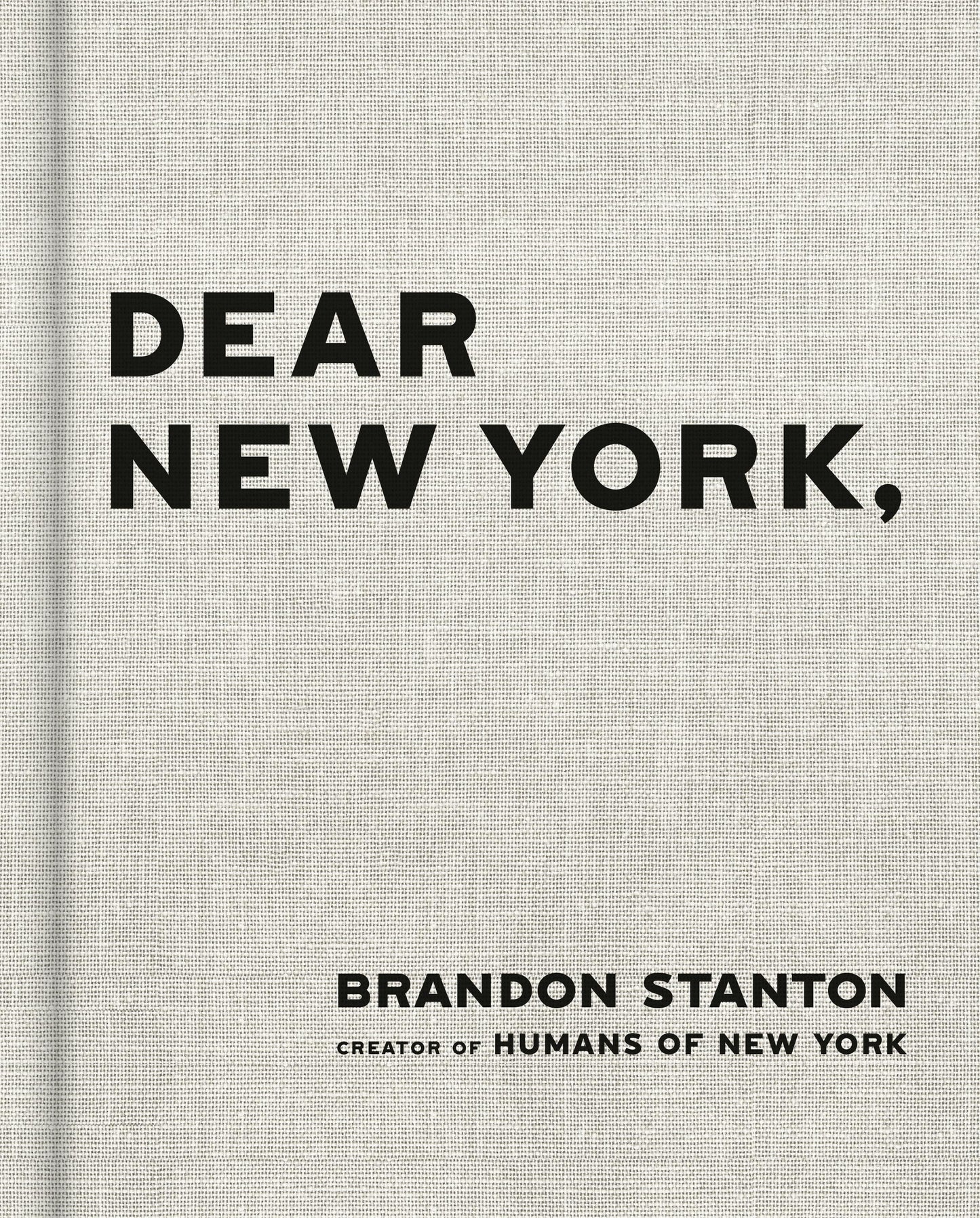 Book title: Dear New York. The cover is a light-grey, textured background with no additional imagery or illustration. Centered on the page, the title “Dear New York” appears in bold black lettering. The font is clean, simple, and modern. The overall design is minimalist and quiet, relying entirely on contrast and typography to create a refined, understated New York aesthetic.