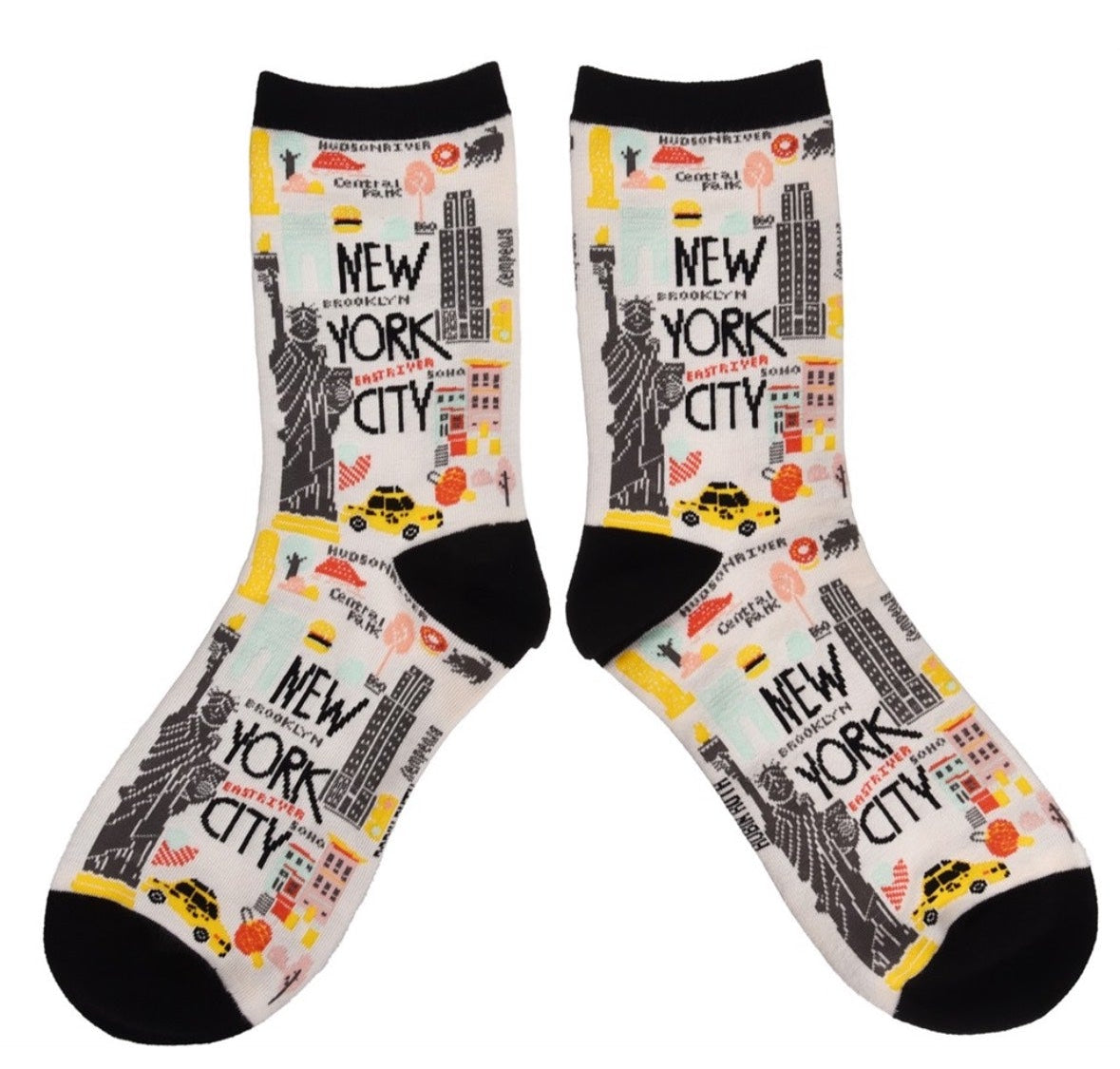 Pair of socks with multicolored illustrations of NYC icons on a white background.