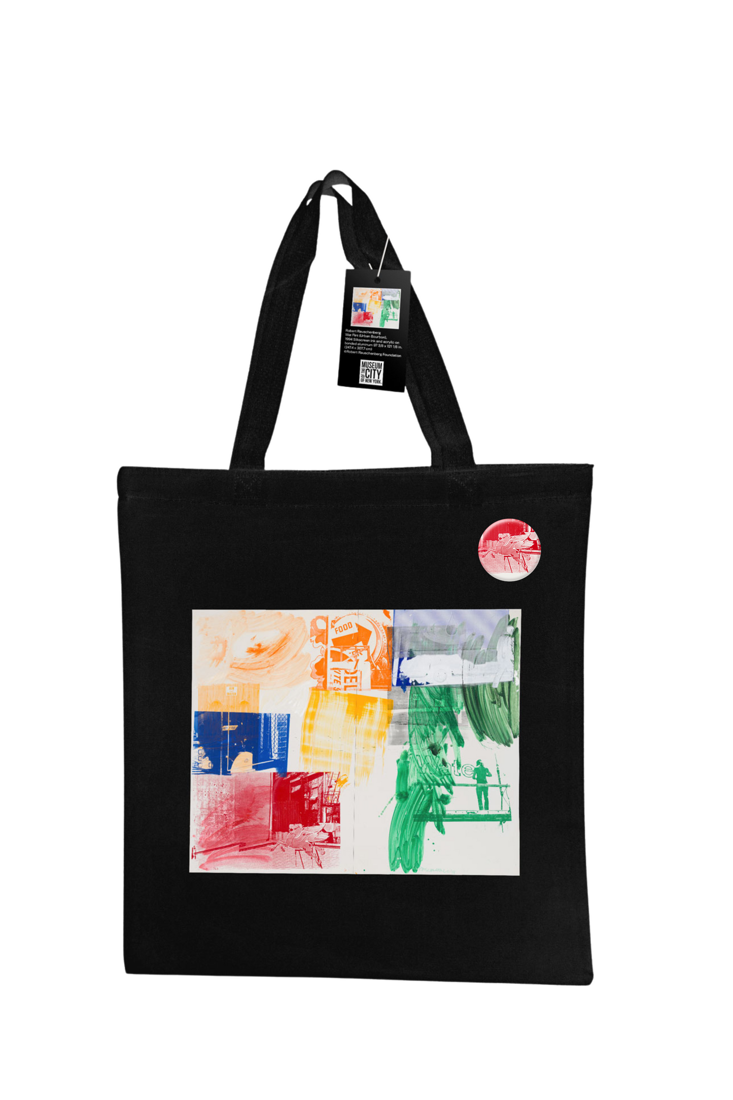 Product title: Tote: Robert Rauschenberg, Wet Flirt (Urban Bourbon), 1994 -
The tote bag features a framed, full-color reproduction of the 1994 artwork Wet Flirt (Urban Bourbon), which is a silkscreen ink and acrylic painting on bonded aluminum from Rauschenberg’s "Urban Bourbon" series.
