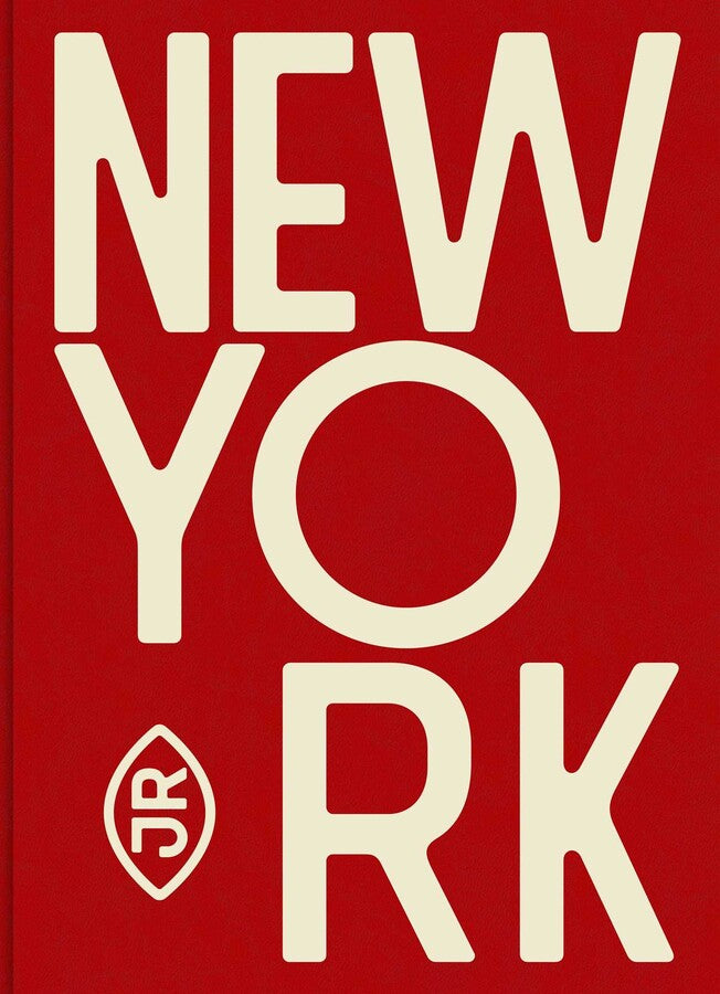Book title: JR New York. Cover - A bold, solid red covering the majority of the surface with minimalist "JR" branding, in white, with "NEW YORK" in a contrasting, bold typeface.