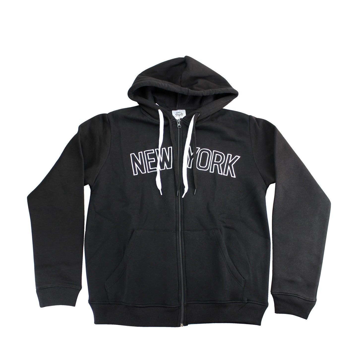 This is a black zip front hoodie made from soft cotton/polyester blend fabric. Across the upper front, the words “NEW YORK” appear in large black letters outlined in white, stretching horizontally across the chest and standing out through contrast and texture. The hoodie fastens with a front zipper and includes flat white drawstrings at the hood. The sleeves and bottom edge have snug, banded cuffs for a comfortable fit.