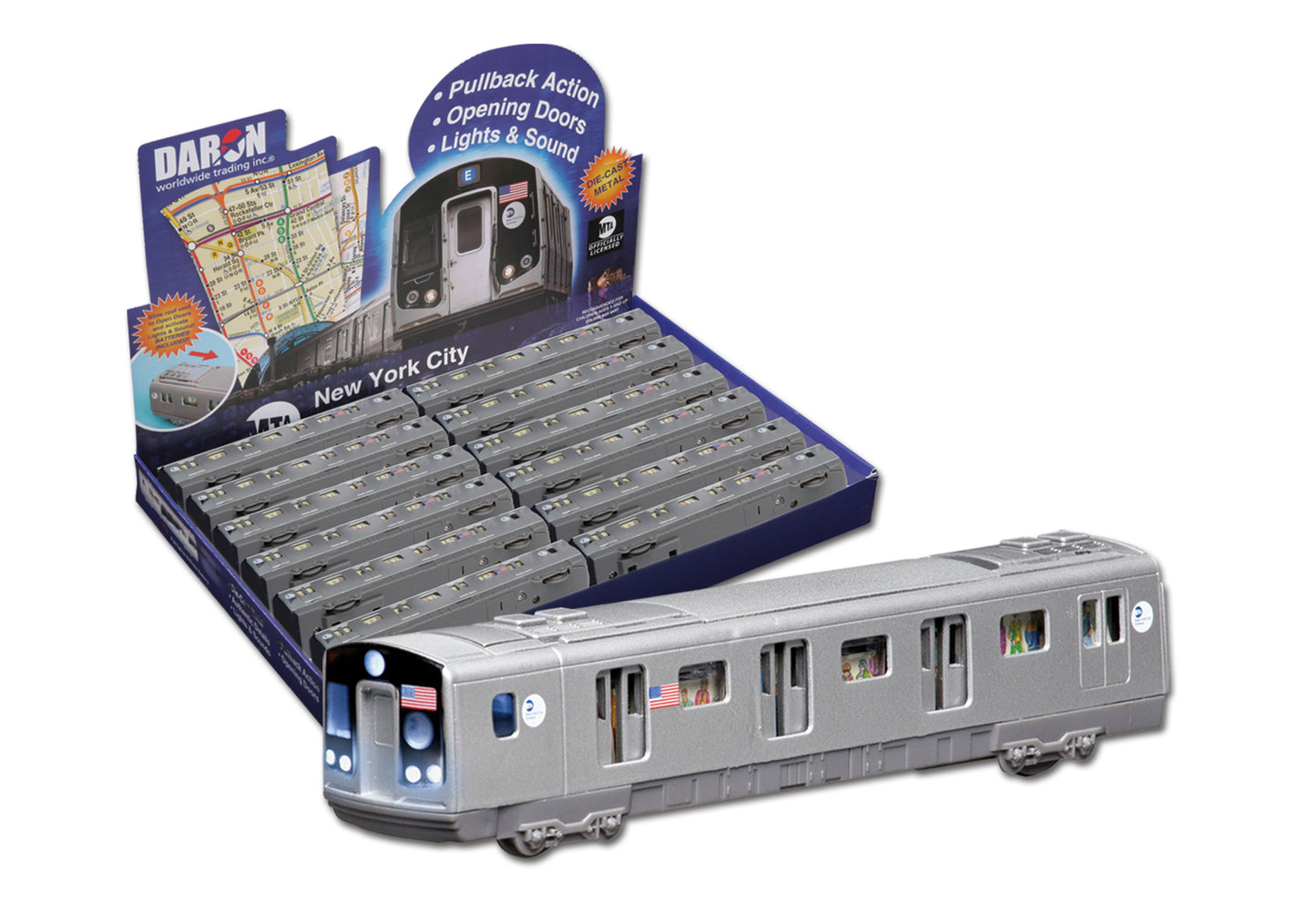 The pull‑back subway car is a small silver‑gray NYC train toy with printed windows, doors, and tiny passengers on the sides. Two raised buttons on top open the doors and play a station announcement. It rolls on four wheels, zooms forward when pulled back, and makes train sounds when pressed down as it moves.