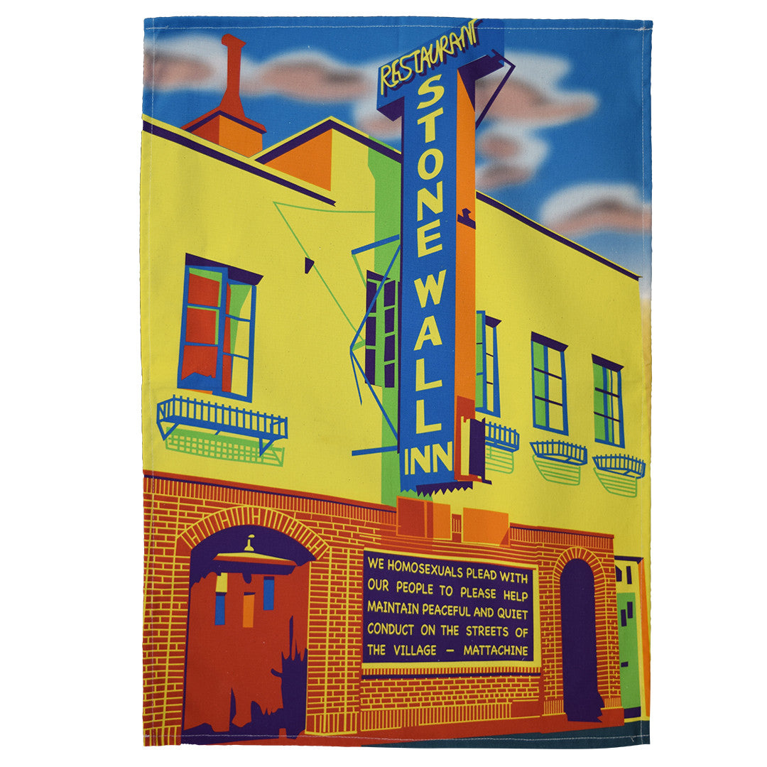 Tea towel with a colorful depiction of the Stonewall Inn, featuring a sign and architectural elements.