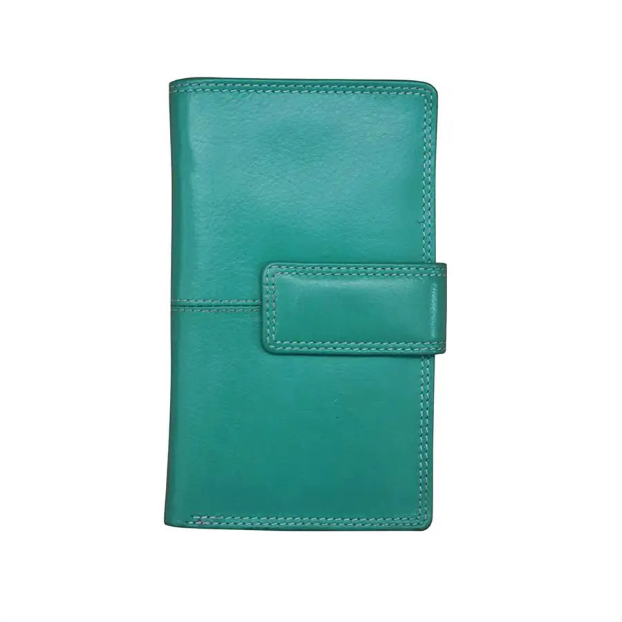 Teal leather wallet on a white background