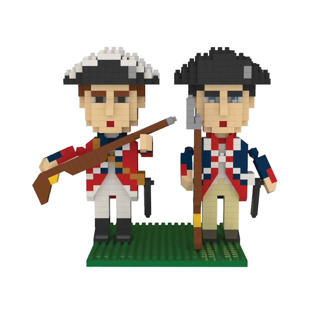Two mini block figures in Revolutionary War uniforms with weapons on a white background