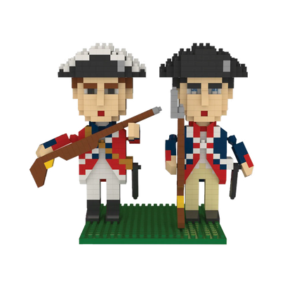 Two mini block figures in Revolutionary War uniforms with weapons on a white background