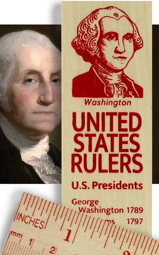 A 12‑inch wooden ruler crafted from smooth basswood and finished with a clear, non‑toxic coating. One side displays standard inch and metric measurements. The reverse features a clear timeline of U.S. presidents, listing each by name with their years in office. At the top is a red, crosshatched image of George Washington over a period-style portrait, with a second ruler image beneath showing red inch markings.