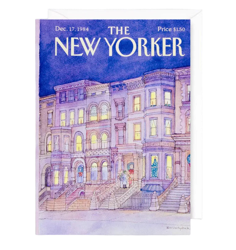An illustrated New Yorker Magazine cover on a greeting card. The cover depicts brownstones with wreaths on the doors and a Christmas tree in the window.