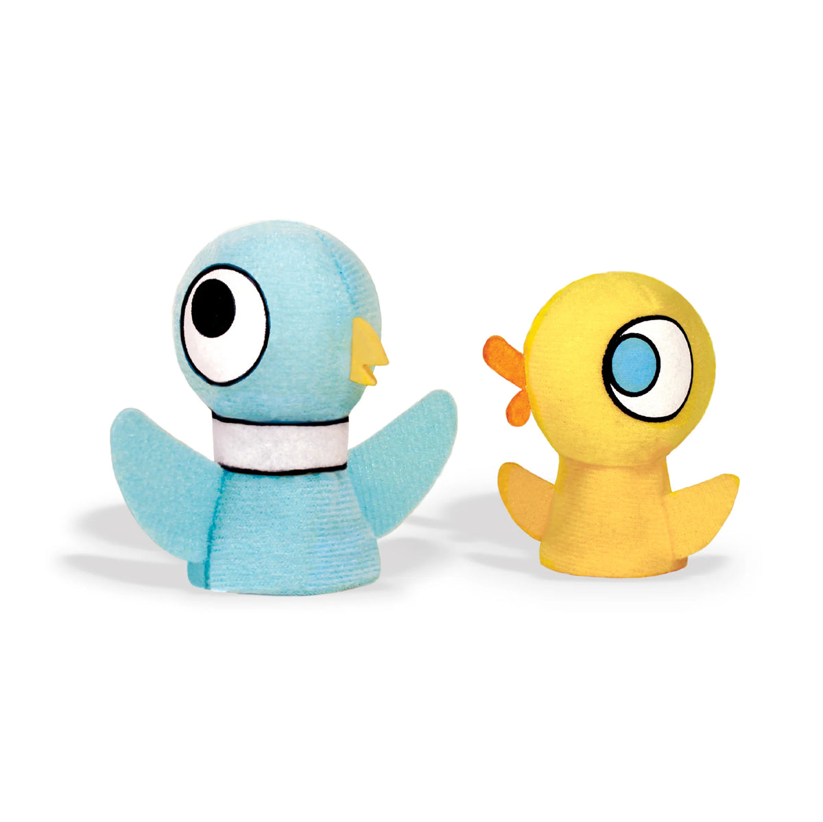 The image is of a Pigeon & Duckling Finger Puppets on a white background. One is a blue pigeon with a rounded body, a long neck marked by white band, a yellow felt beak, and simple black‑and‑white eyes. The other is a bright yellow duckling with a short beak and small felt wings. Both puppets are made of soft fabric with felt details and have a friendly, cartoon‑style design sized to fit on a finger.