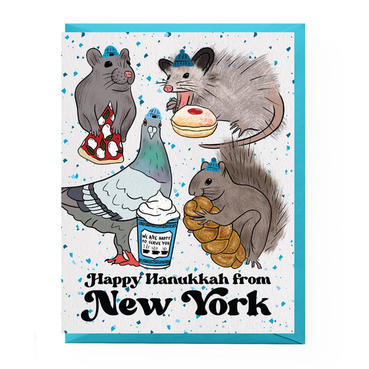 Card with illustrations of a rat, pigeon, possum, and squirrel enjoying Hanukkah-themed foods and drinks, with text 'Happy Hanukkah from New York'.