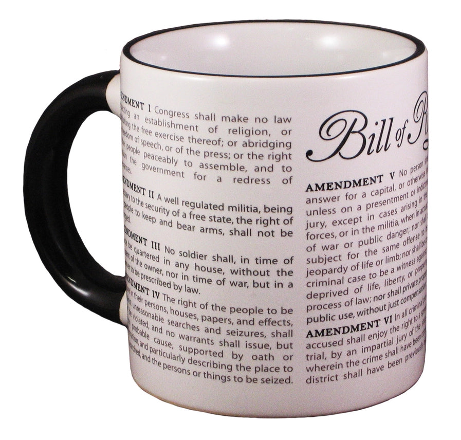 A white round ceramic mug printed with the text of the Bill of Rights, shown on a white background.