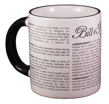 A white round ceramic mug printed with the text of the Bill of Rights, shown on a white background.