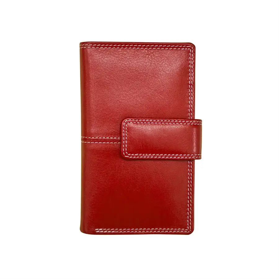 A red leather wallet with white contrast stitching and a snap-button closure, shown flat against a plain white background.