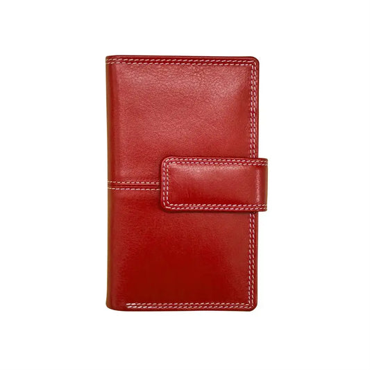 A red leather wallet with white contrast stitching and a snap-button closure, shown flat against a plain white background.