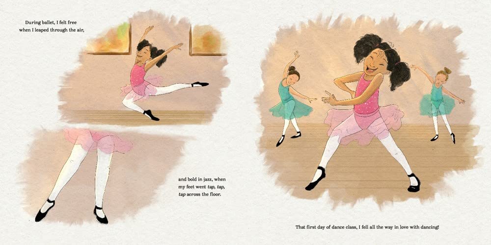 The scene shows a happy young Jennifer Jones dancing in fun, lively poses, with simple descriptions of her movements. On the next page, she is in a dance class wearing a bright pink tutu, a white leotard, and black ballet shoes. Two other dancers stand behind her in green tutus, holding classic ballet poses.
