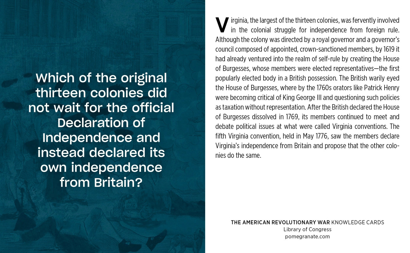 Text card about Virginia's declaration of independence from Britain, with a blue background and text on the right.