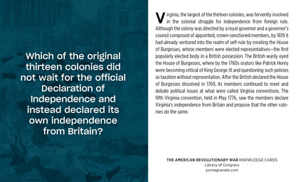 Text card about Virginia's declaration of independence from Britain, with a blue background and text on the right.