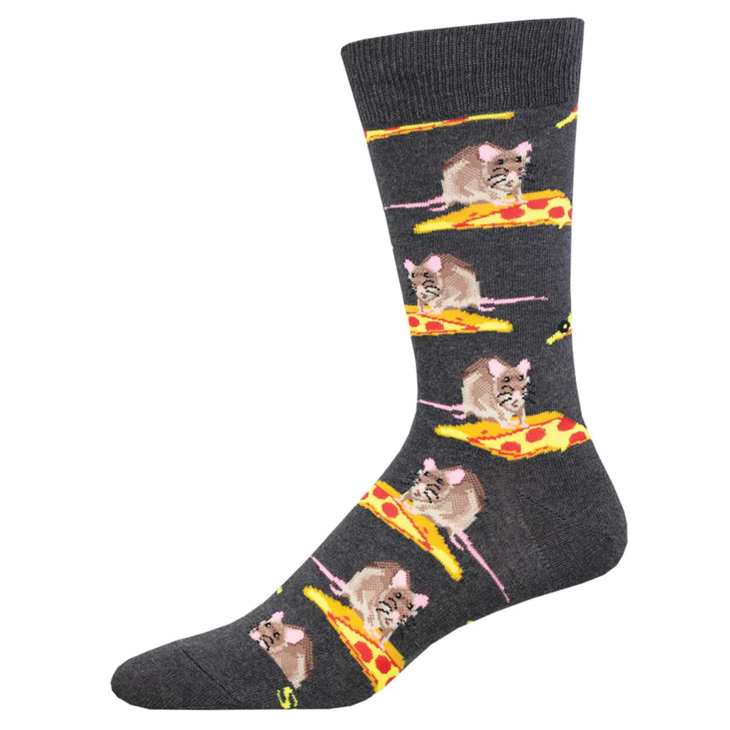 Socks featuring a playful, repeating pattern of yellow‑and‑red pepperoni pizza slices and brown rats with pink accents for ears and tail, shown munching on the pizza, set against a black background.