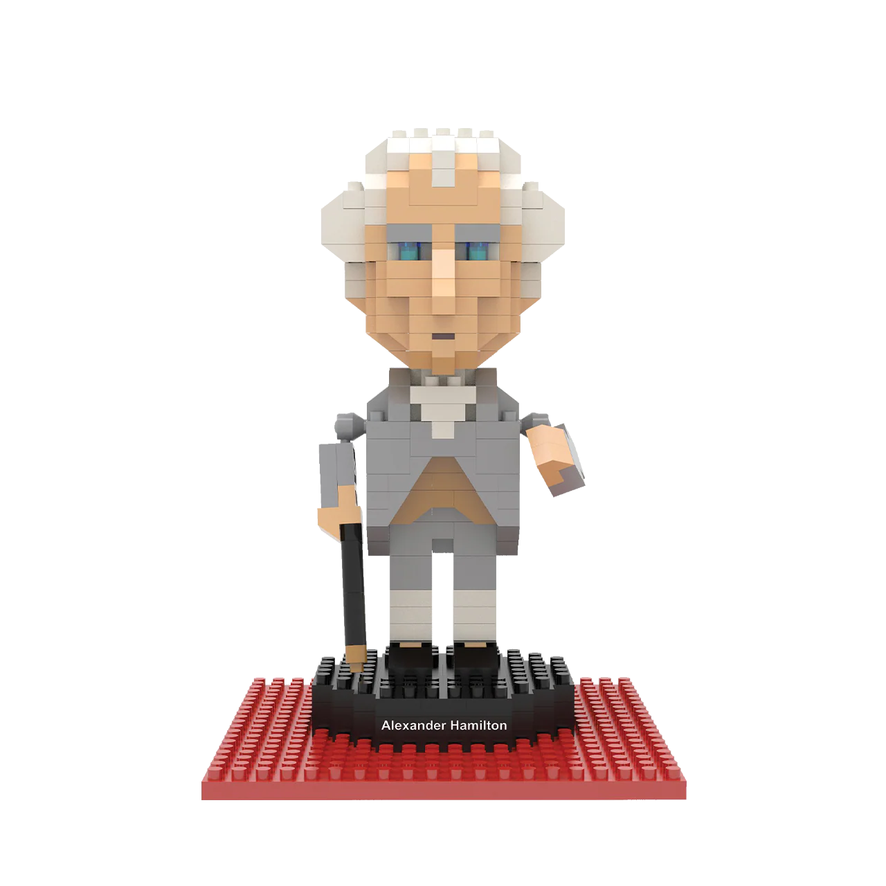The image shows a rendering of the assembled mini-block Alexander Hamilton figure, posed on a black base with a red platform beneath it, set against a white background.
