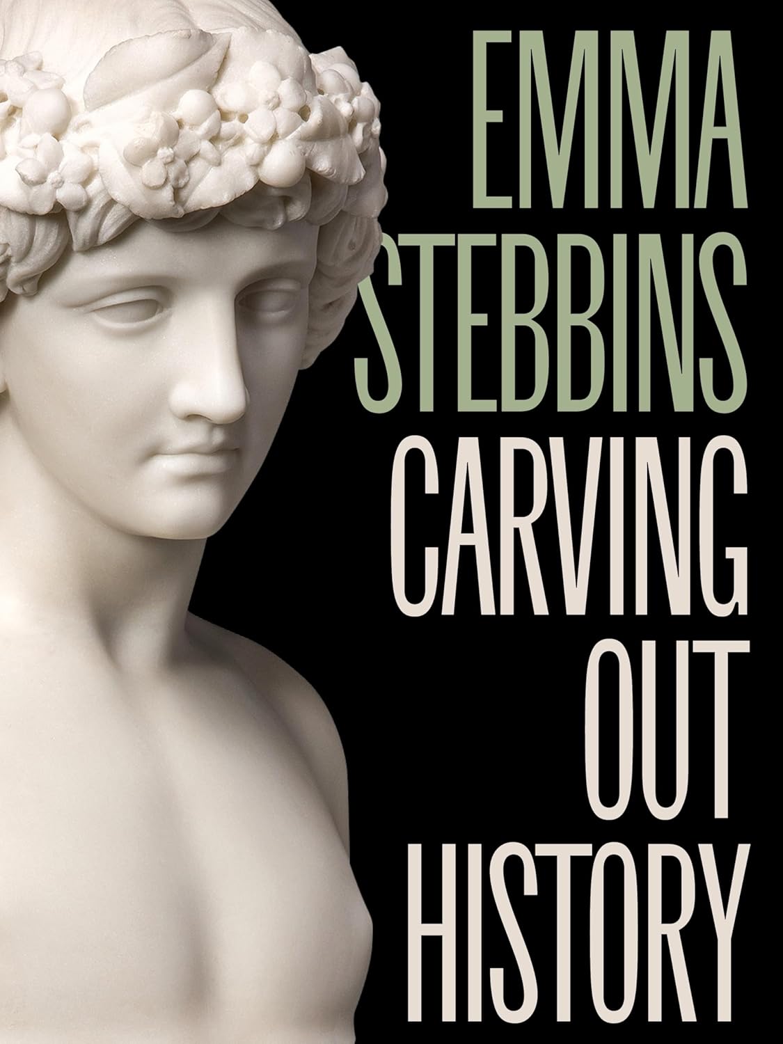 Statue of a classical figure with text 'Emma Stebbins Carving Out History' on a black background