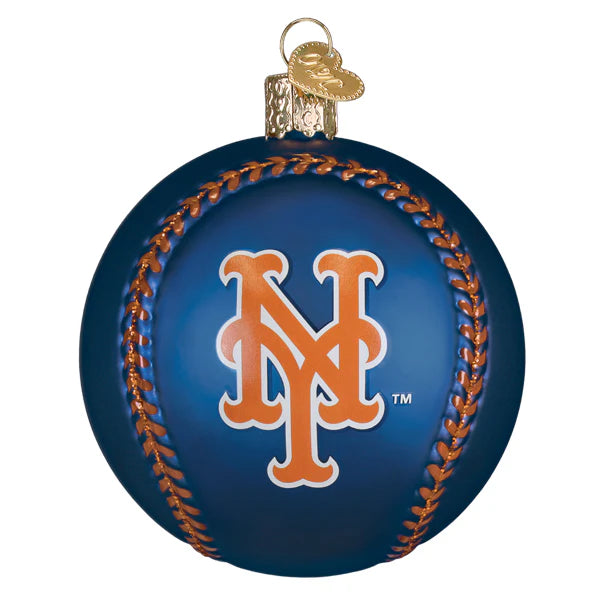Blue ornament with orange stitching and 'NY' logo on a white background