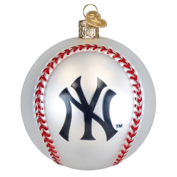 Baseball-shaped ornament with New York Yankees logo on a white background