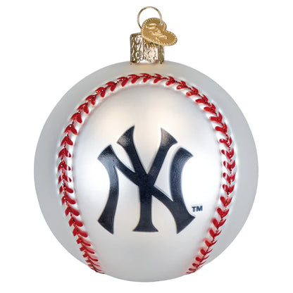 Baseball-shaped ornament with New York Yankees logo on a white background