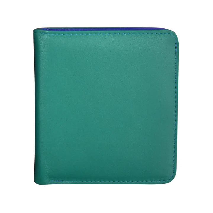Small, genuine leather two‑tone bifold wallet measuring 3.5 by 3.75 inches and one‑quarter inch thick. Smooth leather with snap button closure, RFID‑blocking lining, interior ID window and card slots, plus a zip pocket on the back. Compact and lightweight for everyday carry. Outside color is listed first in aqua blue with cobalt blue.