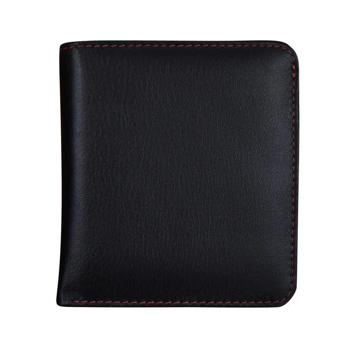 Small, genuine leather two‑tone bifold wallet measuring 3.5 by 3.75 inches and one‑quarter inch thick. Smooth leather with snap button closure, RFID‑blocking lining, interior ID window and card slots, plus a zip pocket on the back. Compact and lightweight for everyday carry. Outside color is listed first in black with red.