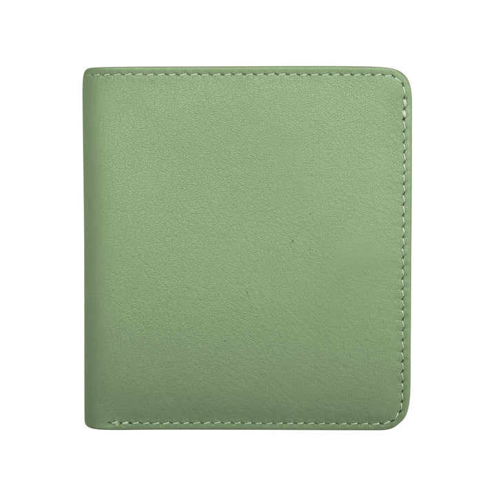 Small, genuine leather two‑tone bifold wallet measuring 3.5 by 3.75 inches and one‑quarter inch thick. Smooth leather with snap button closure, RFID‑blocking lining, interior ID window and card slots, plus a zip pocket on the back. Compact and lightweight for everyday carry. Outside color is listed first in sage green with deep purple.
