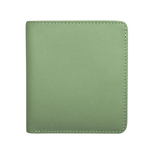 Small, genuine leather two‑tone bifold wallet measuring 3.5 by 3.75 inches and one‑quarter inch thick. Smooth leather with snap button closure, RFID‑blocking lining, interior ID window and card slots, plus a zip pocket on the back. Compact and lightweight for everyday carry. Outside color is listed first in sage green with deep purple.