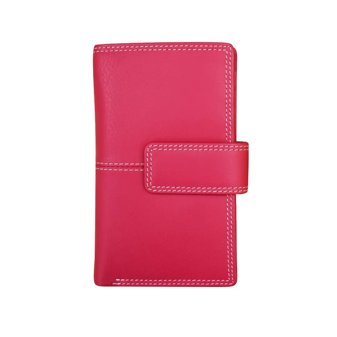 A bright pink leather wallet with white contrast stitching and a strap closure, shown on a plain white background.