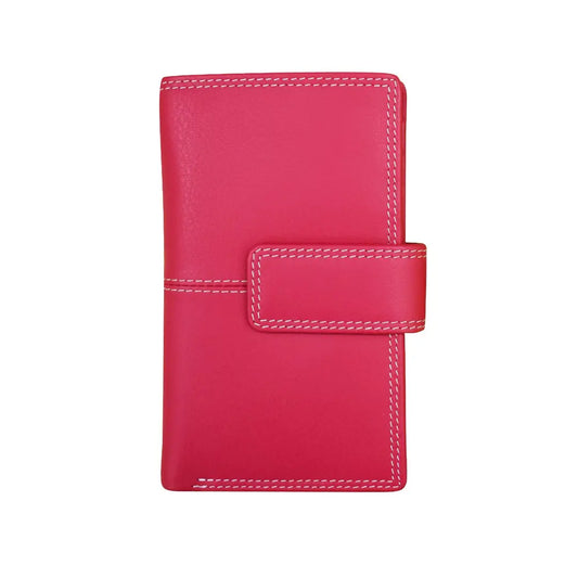 A bright pink leather wallet with white contrast stitching and a strap closure, shown on a plain white background.