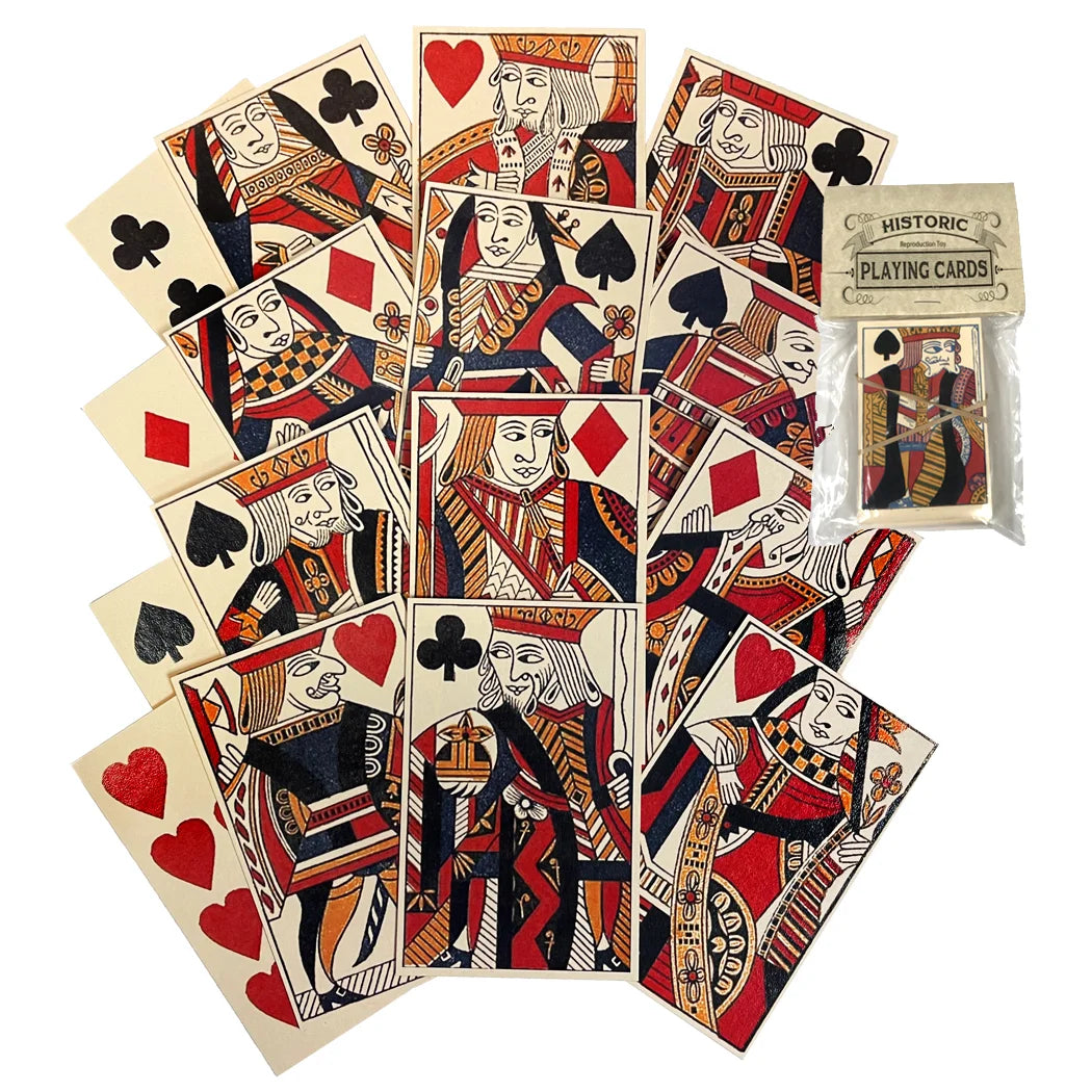 A set of reproduction 18th‑century playing cards, printed on matte, heavy‑weight aged card stock to evoke an Old World feel. Each card features finely detailed artwork and blank backs, just as playing cards were made before the 19th century. The full deck includes 52 four‑suited cards, rendered in a classic palette of red, black, and orange against a warm sepia‑toned background that recalls the look and feel of the period.
