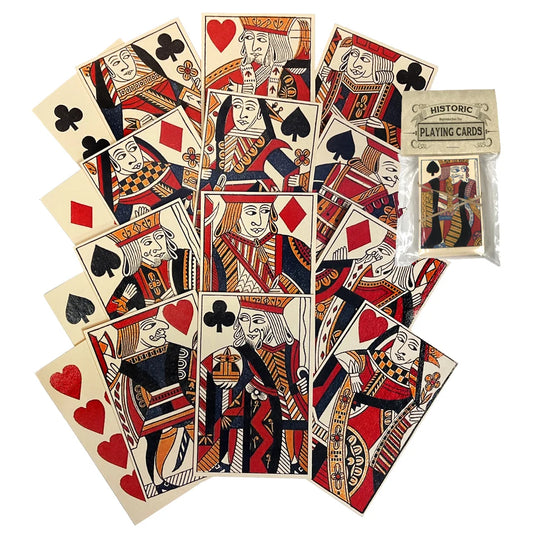 A set of reproduction 18th‑century playing cards, printed on matte, heavy‑weight aged card stock to evoke an Old World feel. Each card features finely detailed artwork and blank backs, just as playing cards were made before the 19th century. The full deck includes 52 four‑suited cards, rendered in a classic palette of red, black, and orange against a warm sepia‑toned background that recalls the look and feel of the period.