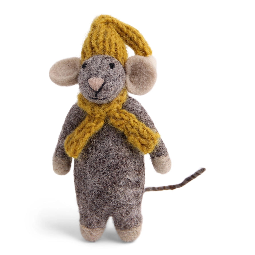 Grey Felt Mouse with Knit Scarf & Cap