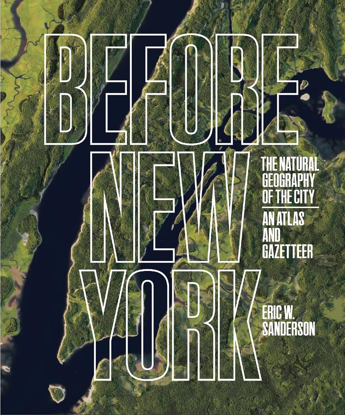 Book cover for 'Before New York: The Natural Geography of the City' by Eric W. Sanderson, featuring a green aerial map of Manhattan Island with large white outlined title text.