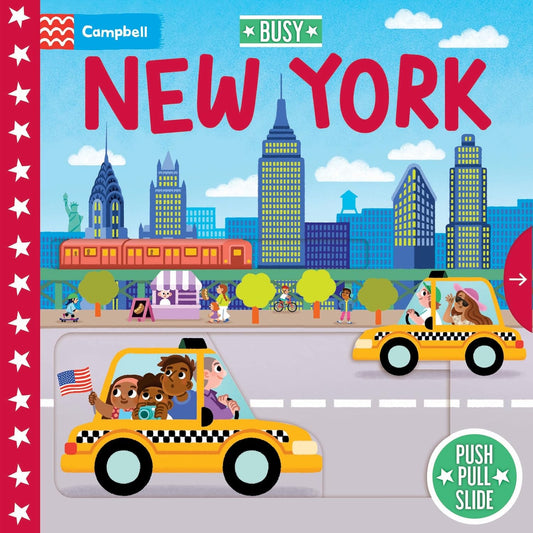 Board book title: Busy New York. A bright, child‑friendly cover with a classic yellow NYC taxi at the bottom and tall, colorful skyscrapers above. Small figures and street details add a sense of busy city motion. The title “Busy New York” appears at the top in bold, friendly lettering.