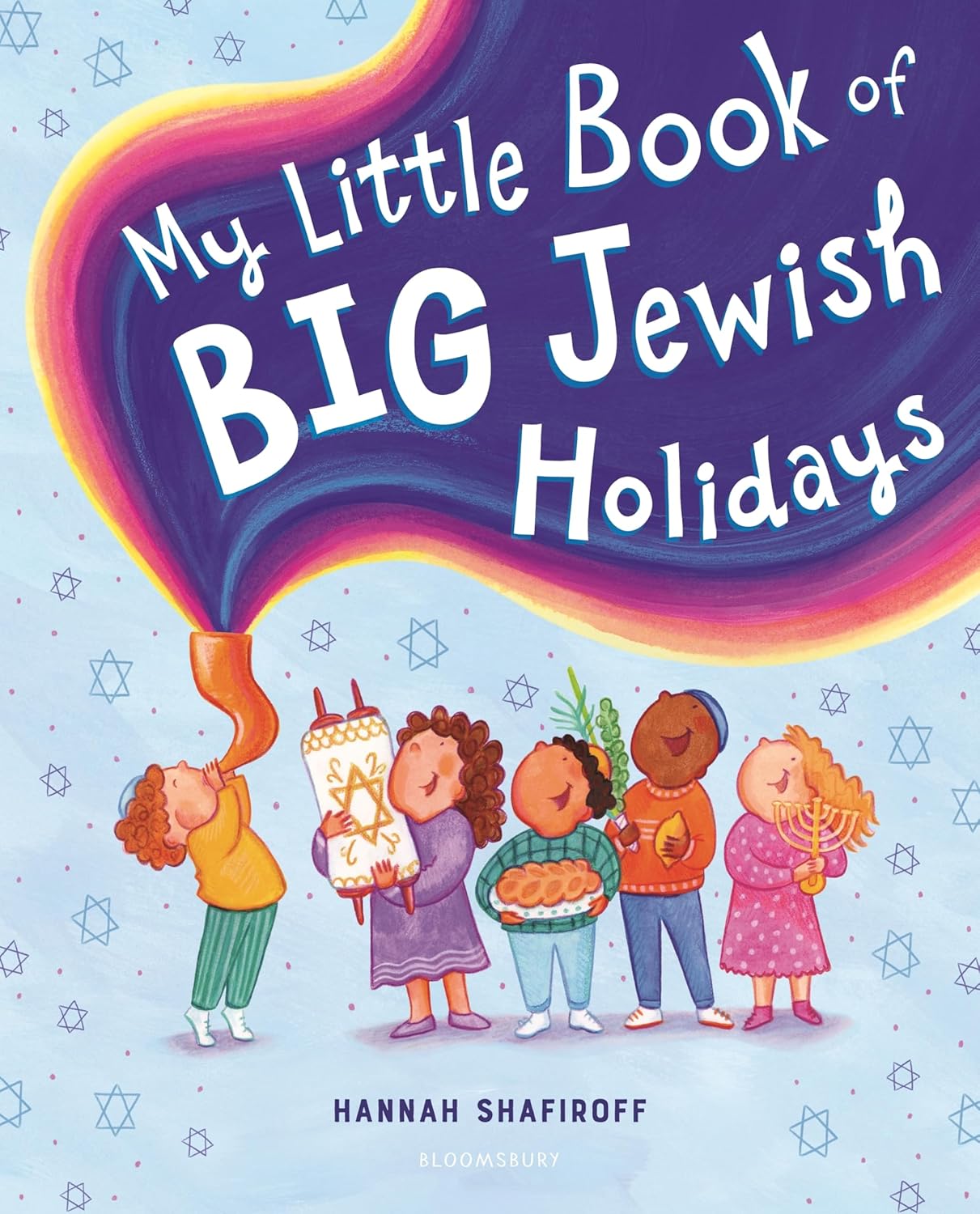 Book title: My Little Book of Big Jewish Holidays. A warm, cheerful cover showing diverse children celebrating Jewish holidays, surrounded by symbols like a menorah, shofar, apples and honey, and a Torah scroll. The art is modern and vibrant, with the title  displayed clearly and prominently.