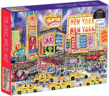 Jigsaw puzzle box featuring a colorful depiction of Times Square, New York City.
