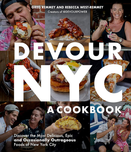 Collage of people enjoying food with 'Devour NYC: A Cookbook' text overlay.