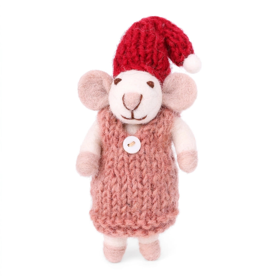 White Felt Mouse With Rose Colored Dress