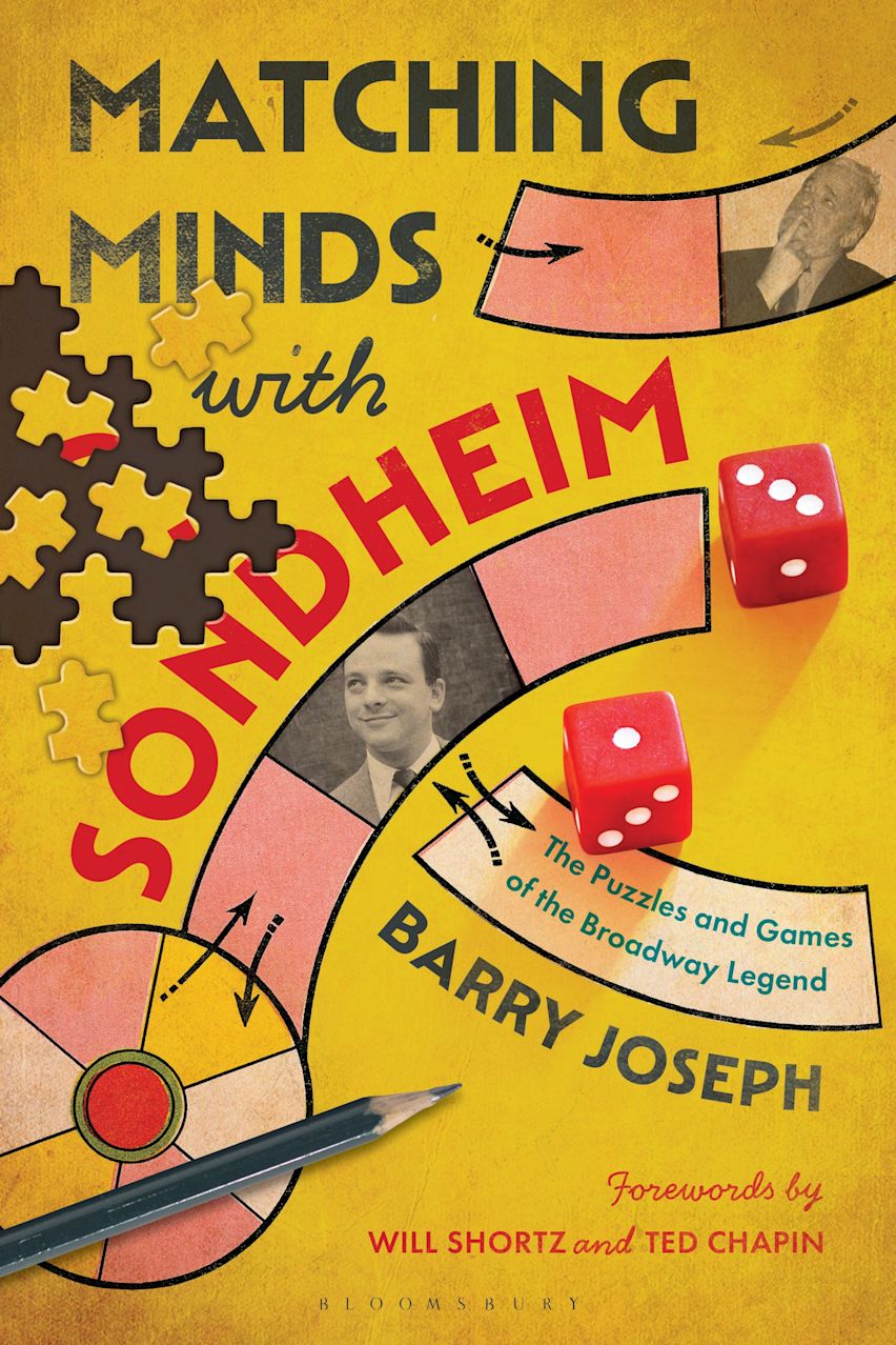 Book title: Matching Minds with Sondheim, set against a yellow background with dice and puzzle pieces.