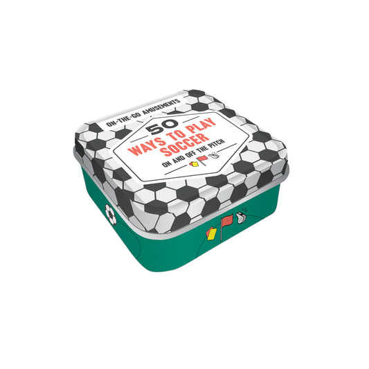 Soccer-themed game box with '50 Ways to Play Soccer' text on a white background