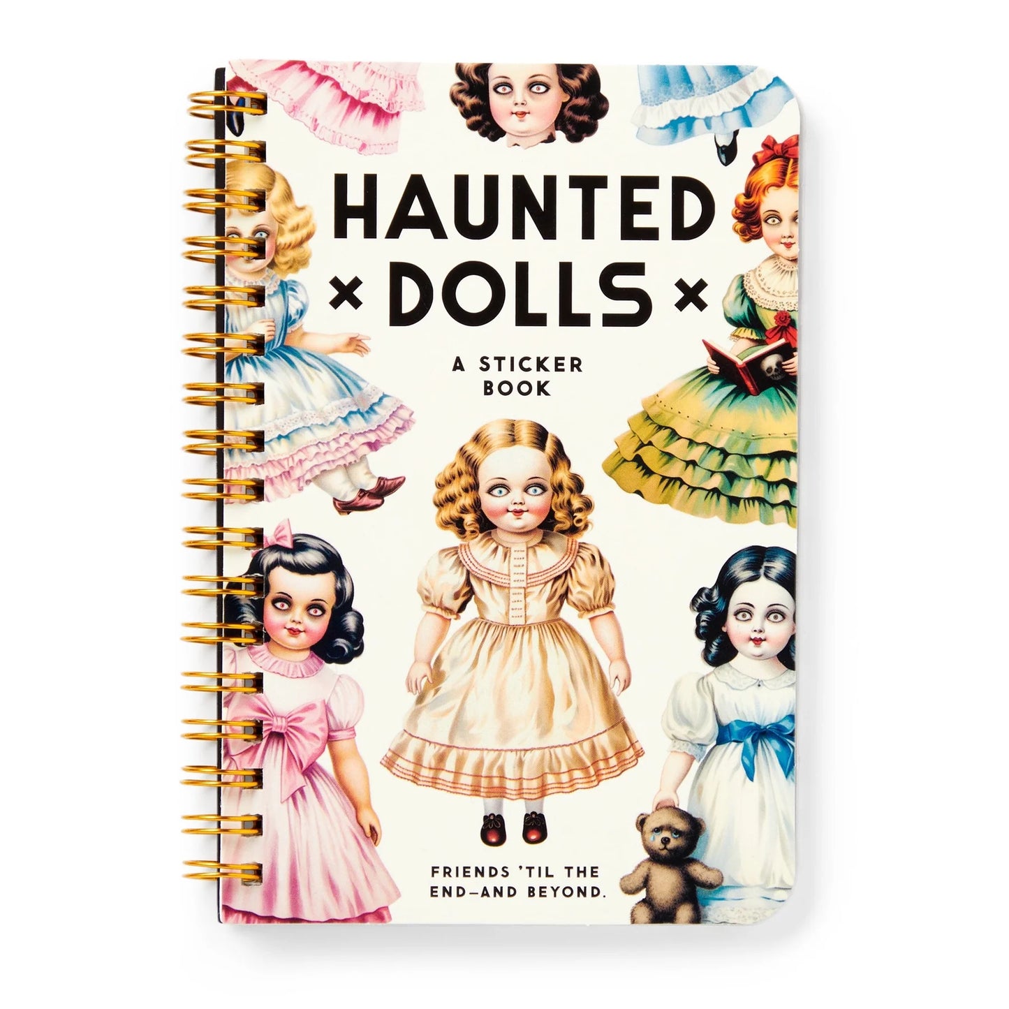 Title: Haunted Dolls, A Sticker Book. The cover is a compact, dark-toned, and vintage-style illustration of creepy, witty, and slightly unsettling dolls.