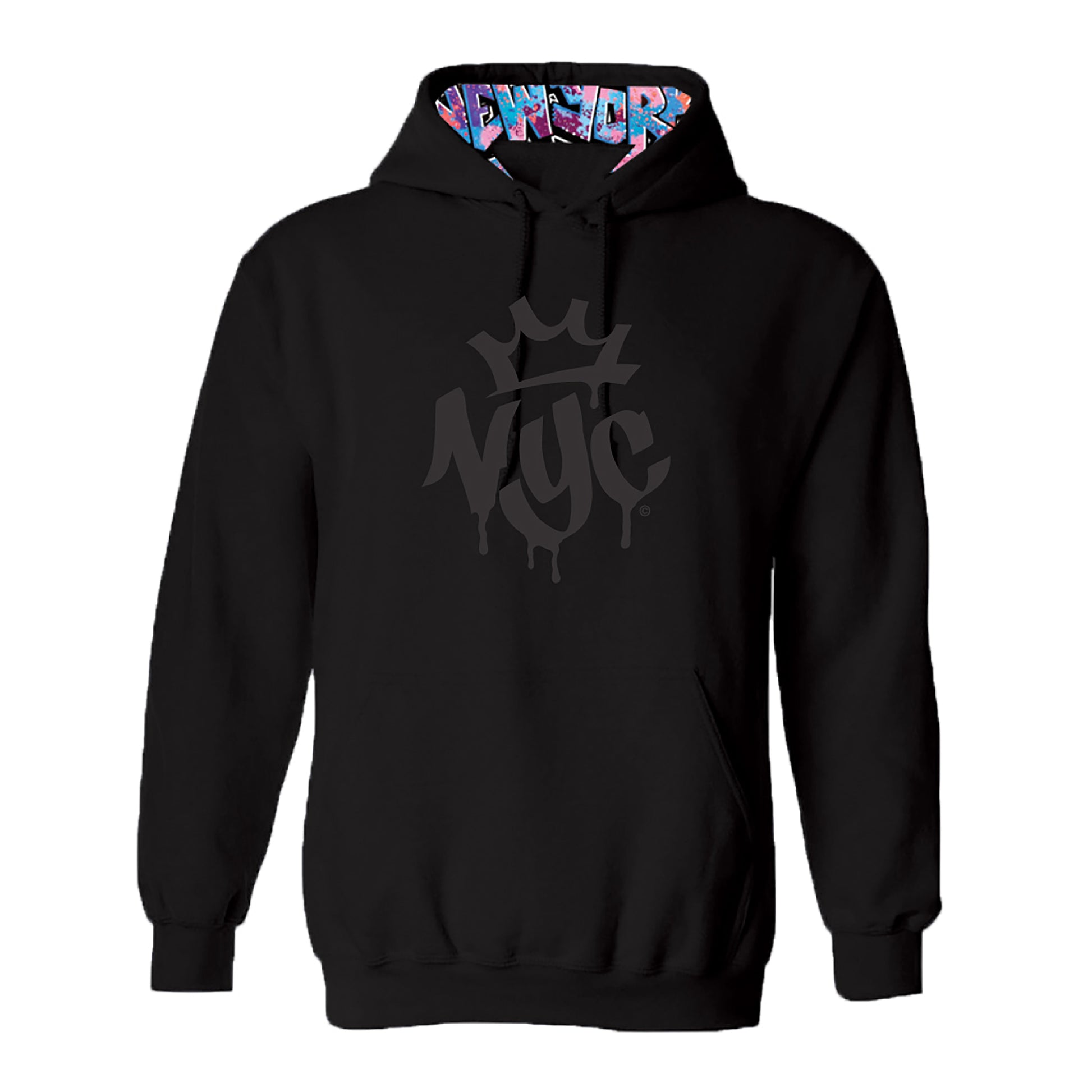 This adult unisex black hoodie features black graffiti-style “NYC” lettering that drips like fresh paint across the black exterior, topped with a black crown graphic above the lettering for a bold street art edge. Inside, a multi colored “NEW YORK” in blue, pink, and purple pops with contrast. Made from a super soft 52% cotton, 48% polyester blend, it has a relaxed unisex fit and comes in sizes Small to 2XL.