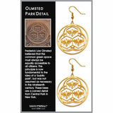 Gold bee and honeycomb earrings on a card with text about Olmsted Park Detail.