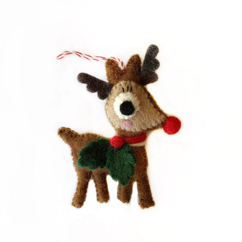 Reindeer with Holly Wool Felt Ornament